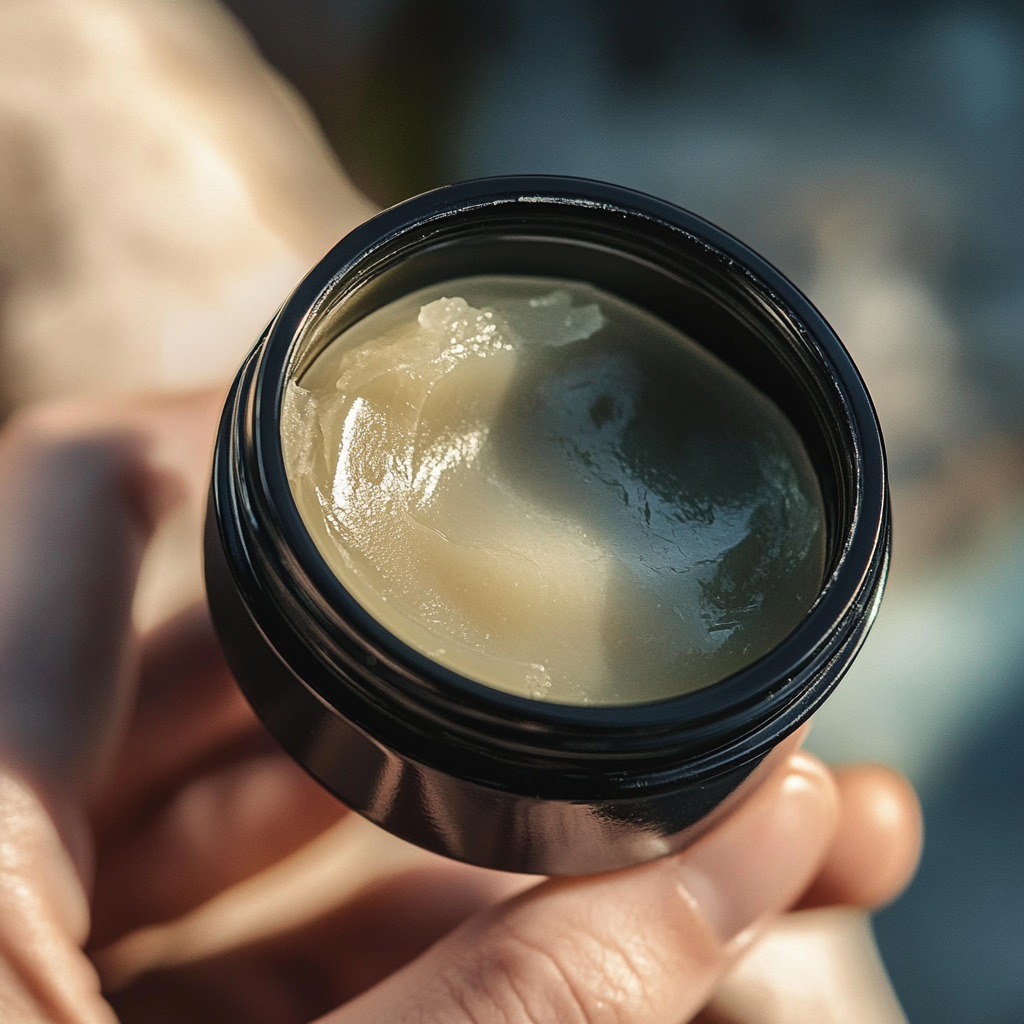 close up of hand holding olea solid serum